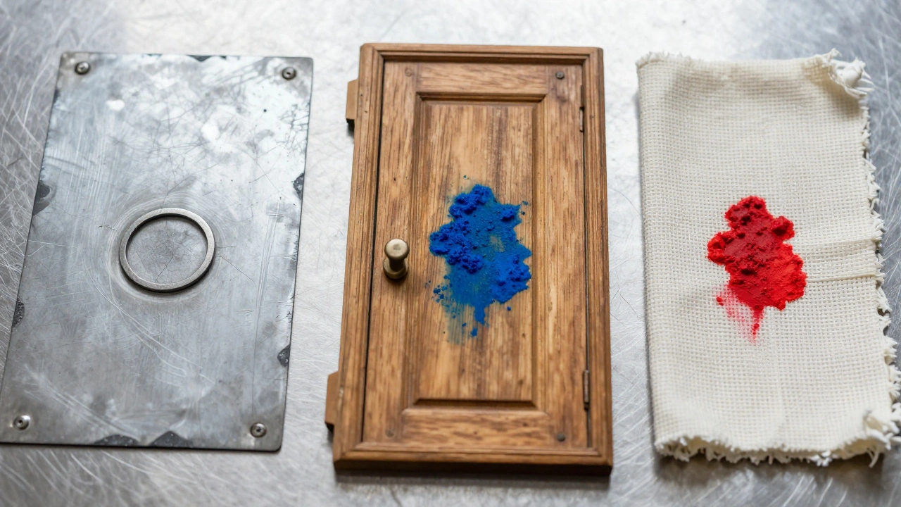 Forensic samples of metal, wood, and cloth showing various metal and polymer bullet wipes.
