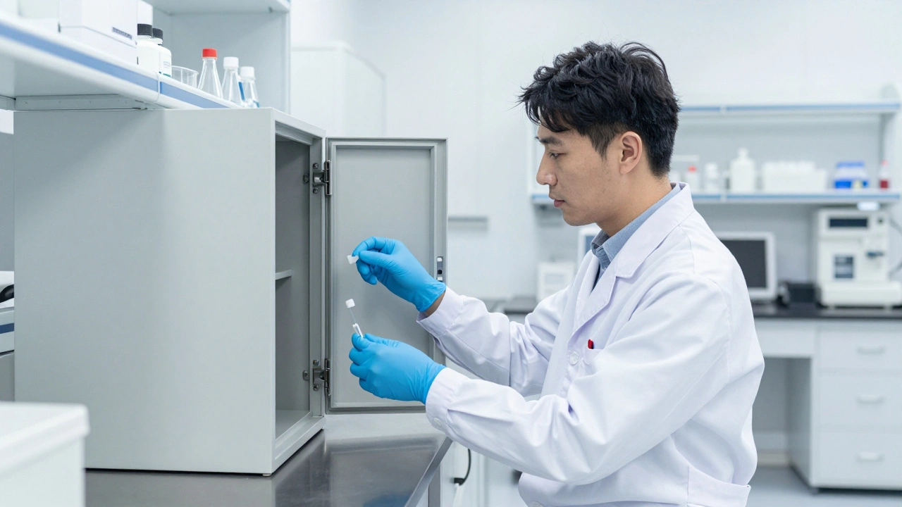 Forensic scientist in a lab moving a sample from a secure locker to a workbench