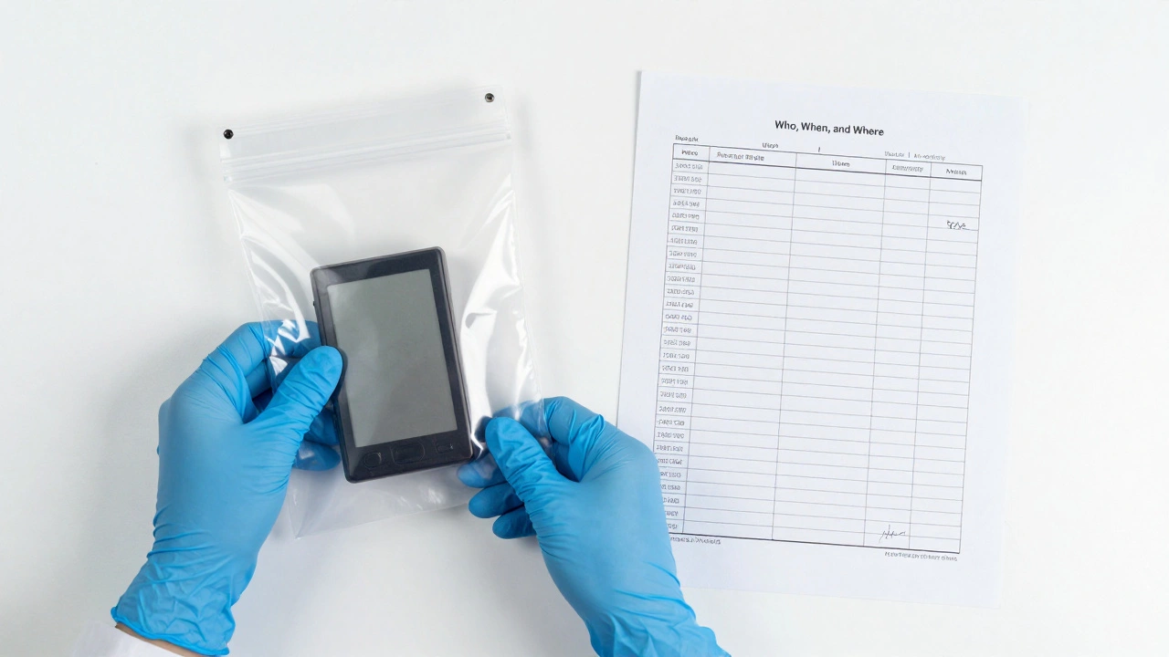 Forensic specialist bagging a digital device next to a log sheet