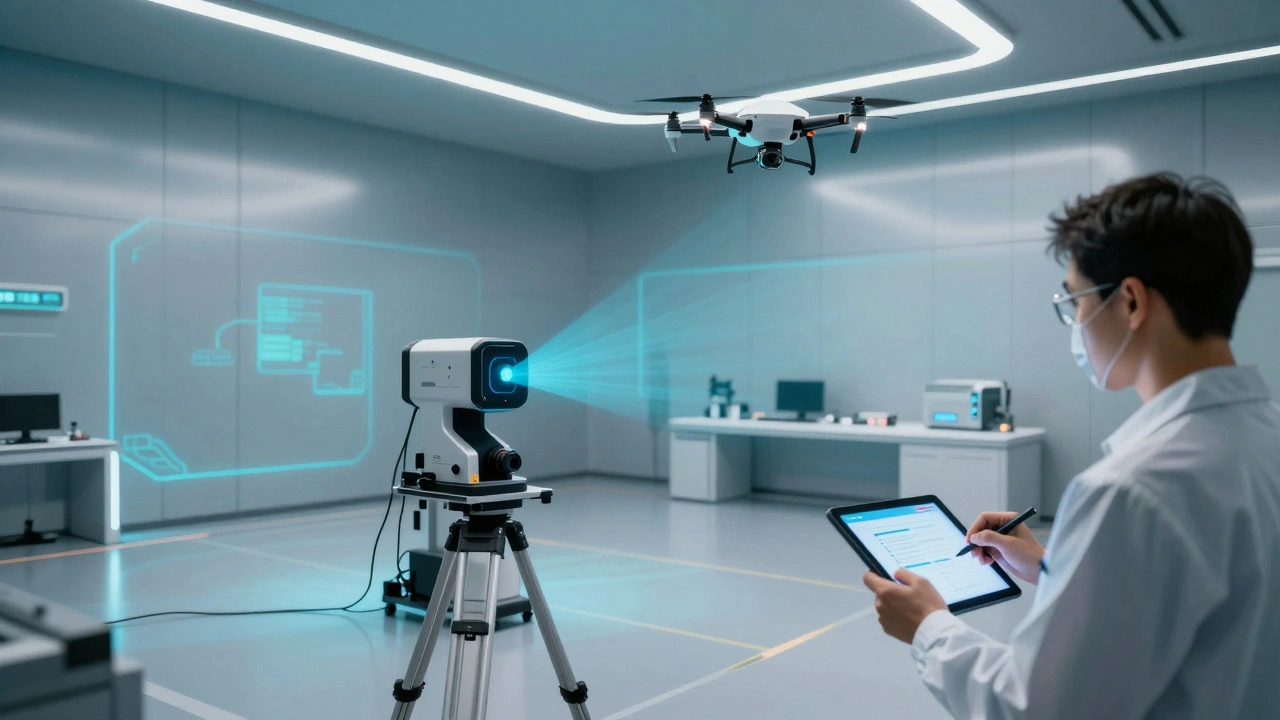 Forensic technician using a 3D laser scanner and tablet to document a crime scene.