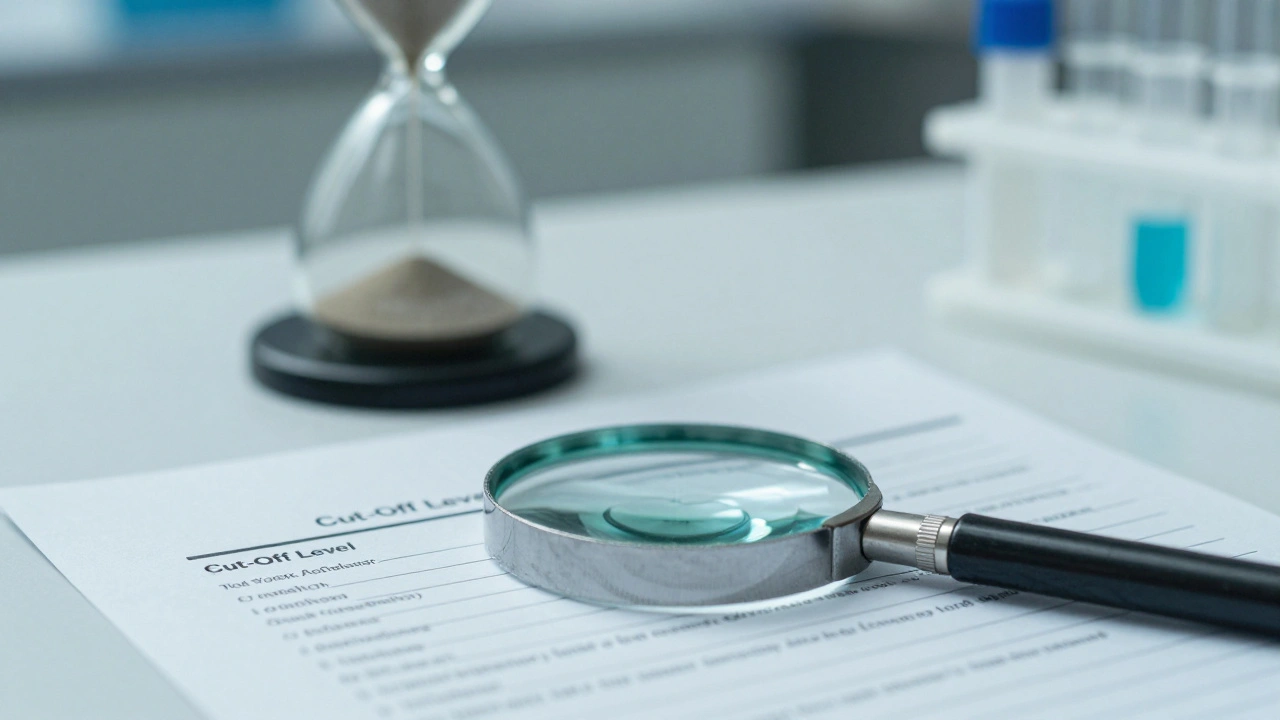 Forensic toxicology workspace with a magnifying glass and a symbolic hourglass of chemicals