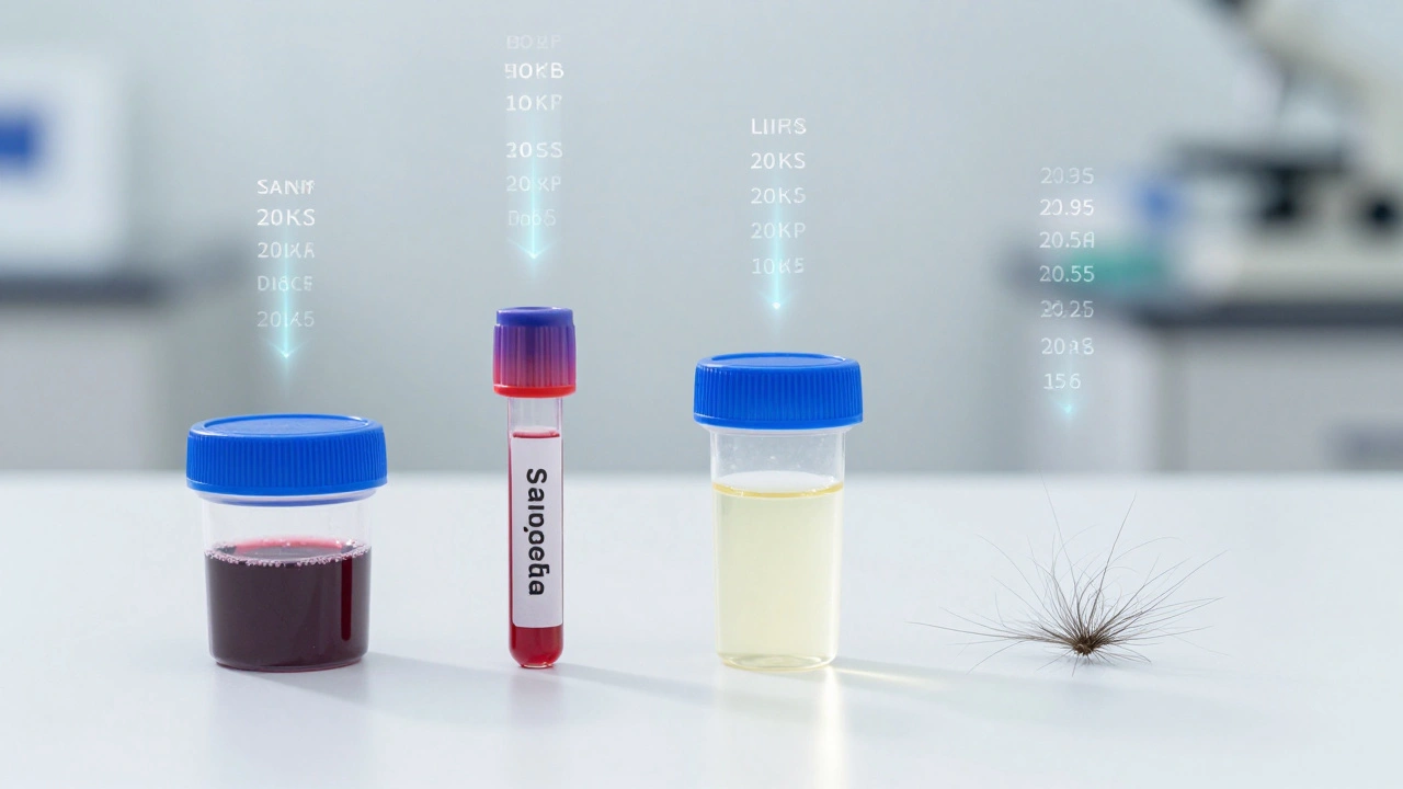Four medical test samples with holographic timelines showing different drug detection windows