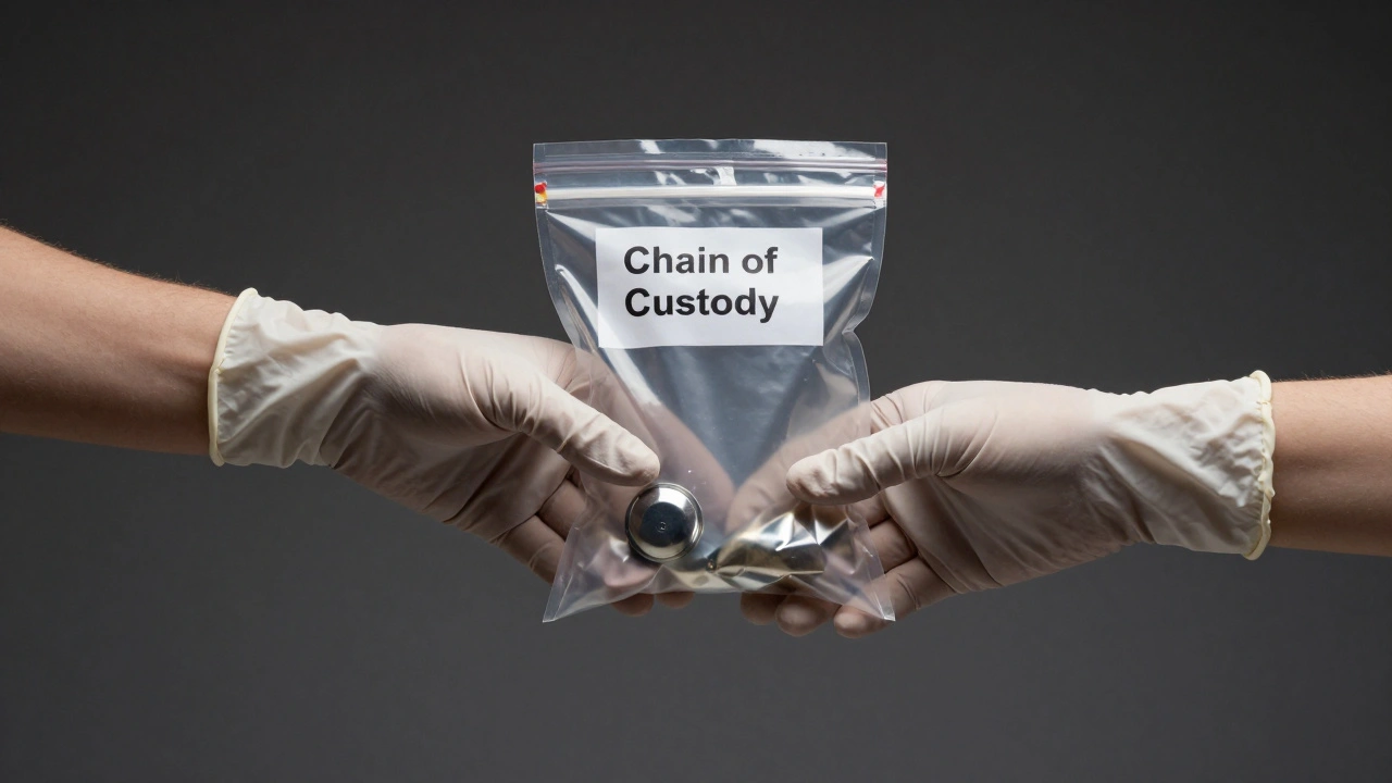 Gloved hands transferring a sealed evidence bag to maintain a chain of custody