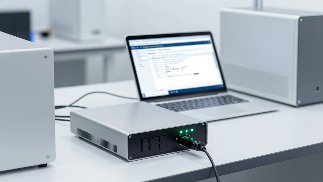 Hardware write-blocker connected to a workstation in a professional digital forensics laboratory.