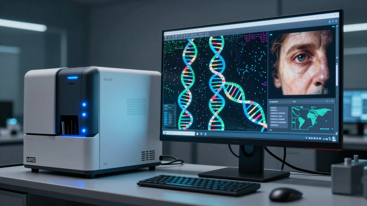 High-tech forensic sequencing machine and a monitor displaying a resolved ancestral DNA profile.