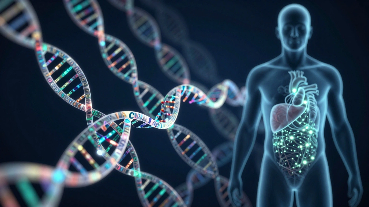Holographic DNA sequence ribbons overlapping with a human silhouette showing genetic variation.