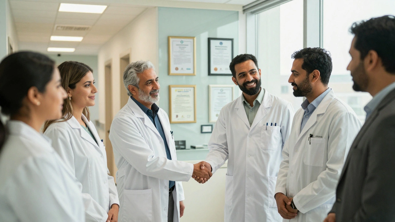 Lab executives shaking hands with an external assessor after a successful accreditation review.
