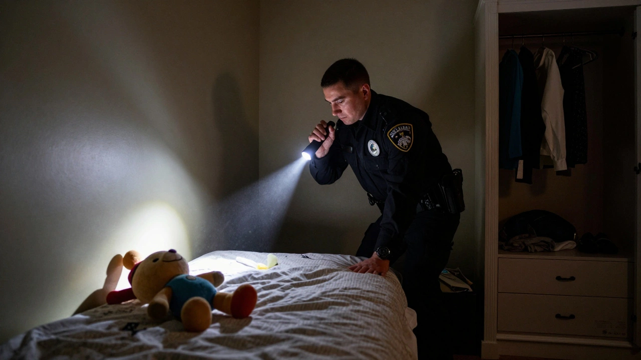 Law enforcement officer systematically searching a child's bedroom with a flashlight