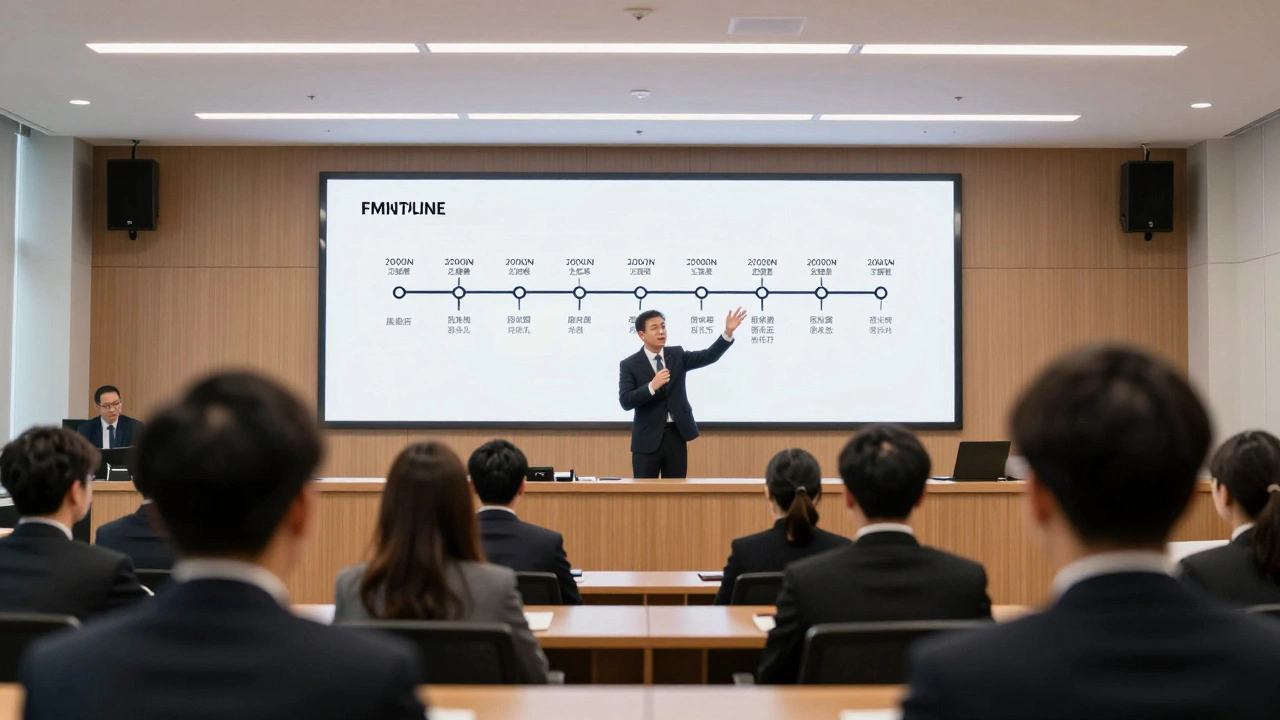 Lawyer presenting a clear linear event timeline on a large screen to a courtroom jury.