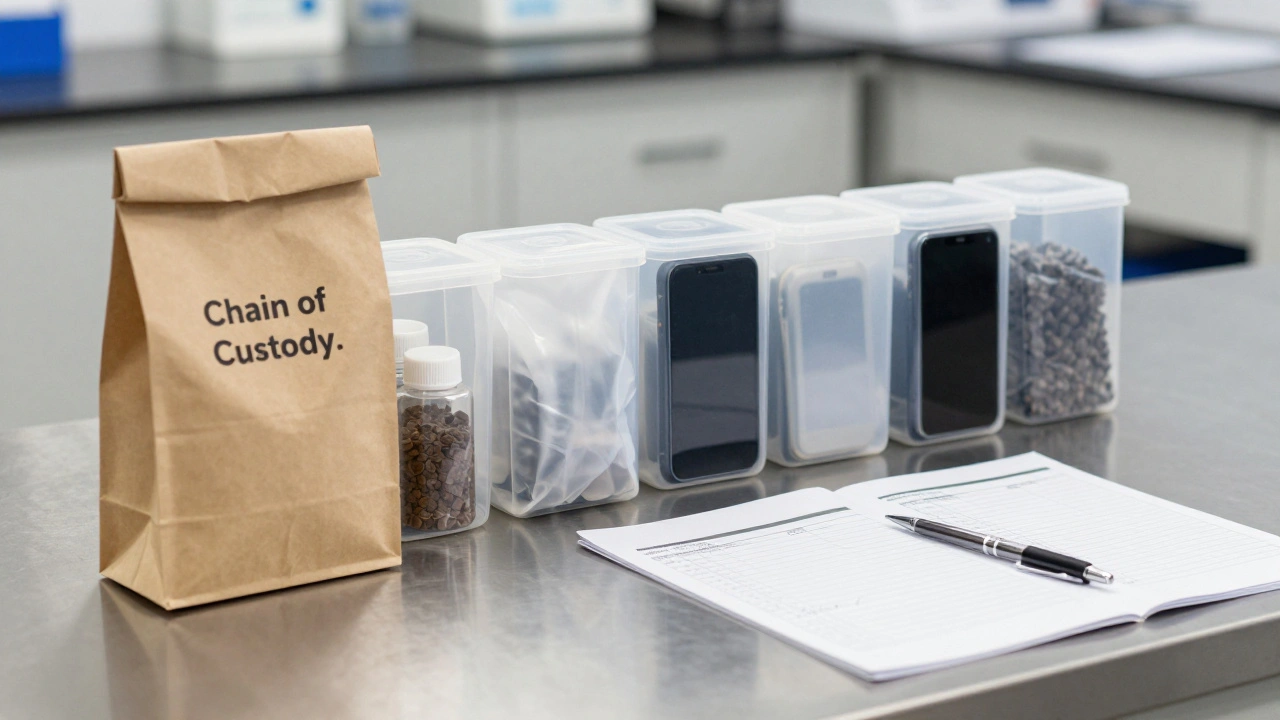 Lined up evidence bags and a chain of custody log on a sterile lab table.