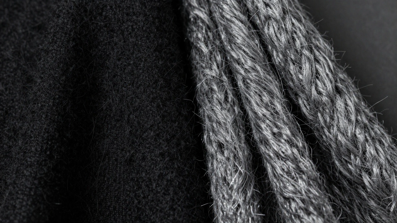Macro comparison between a common cotton fiber and a rare luxury cashmere fiber.
