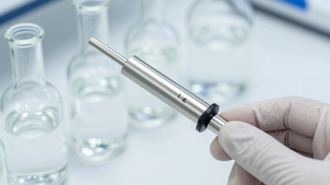 Macro view of a 1mm narrow-bore HPLC column and ultrapure solvent vials