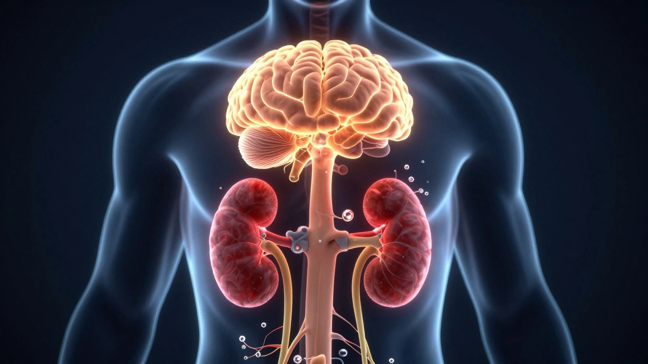 Medical 3D render of a human silhouette showing highlighted brain and kidney toxicity