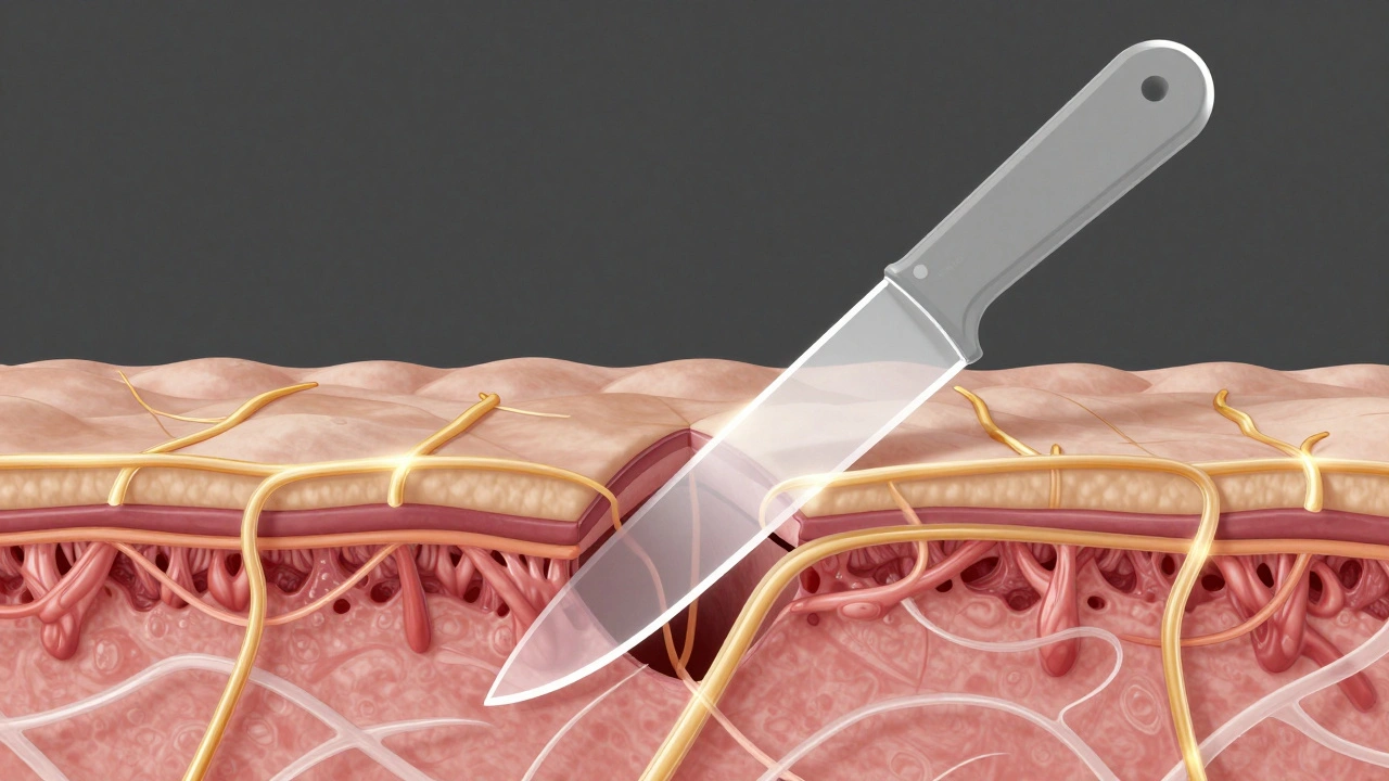 Medical illustration of skin collagen fibers and a blade showing skin elasticity