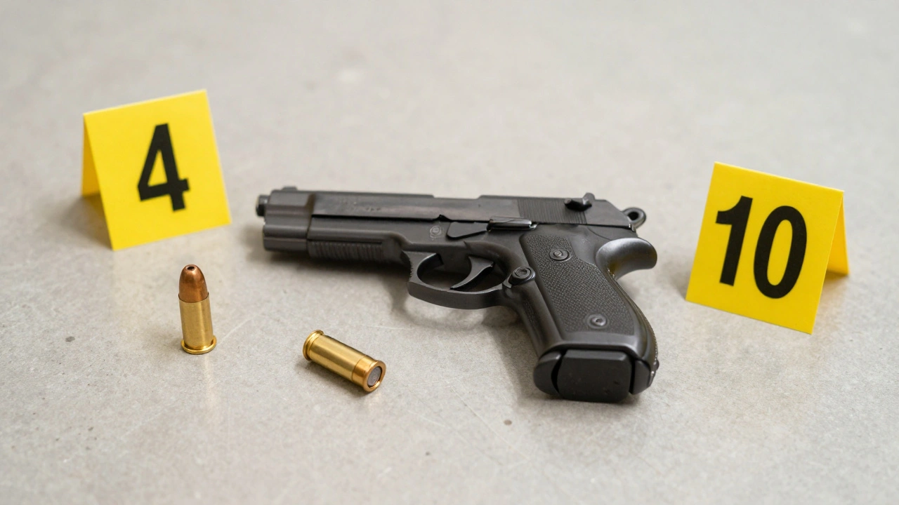 Medium shot of a handgun and shell casing with numbered evidence markers on the floor.