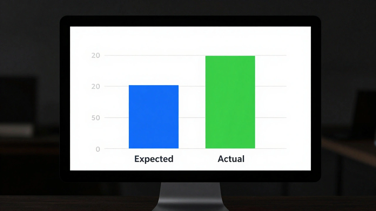 Minimalist bar chart on a screen comparing expected versus actual data in a legal context.