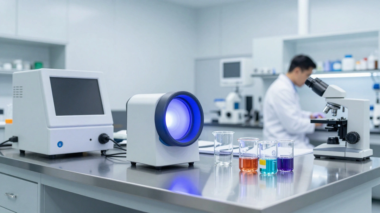 Modern forensic laboratory with ALS lighting and chemical analysis equipment.