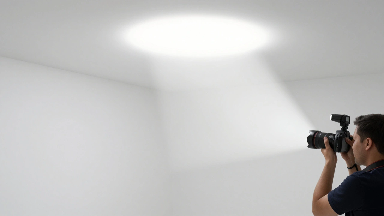 Photographer using bounce flash by pointing the light toward a white ceiling in a bright room.