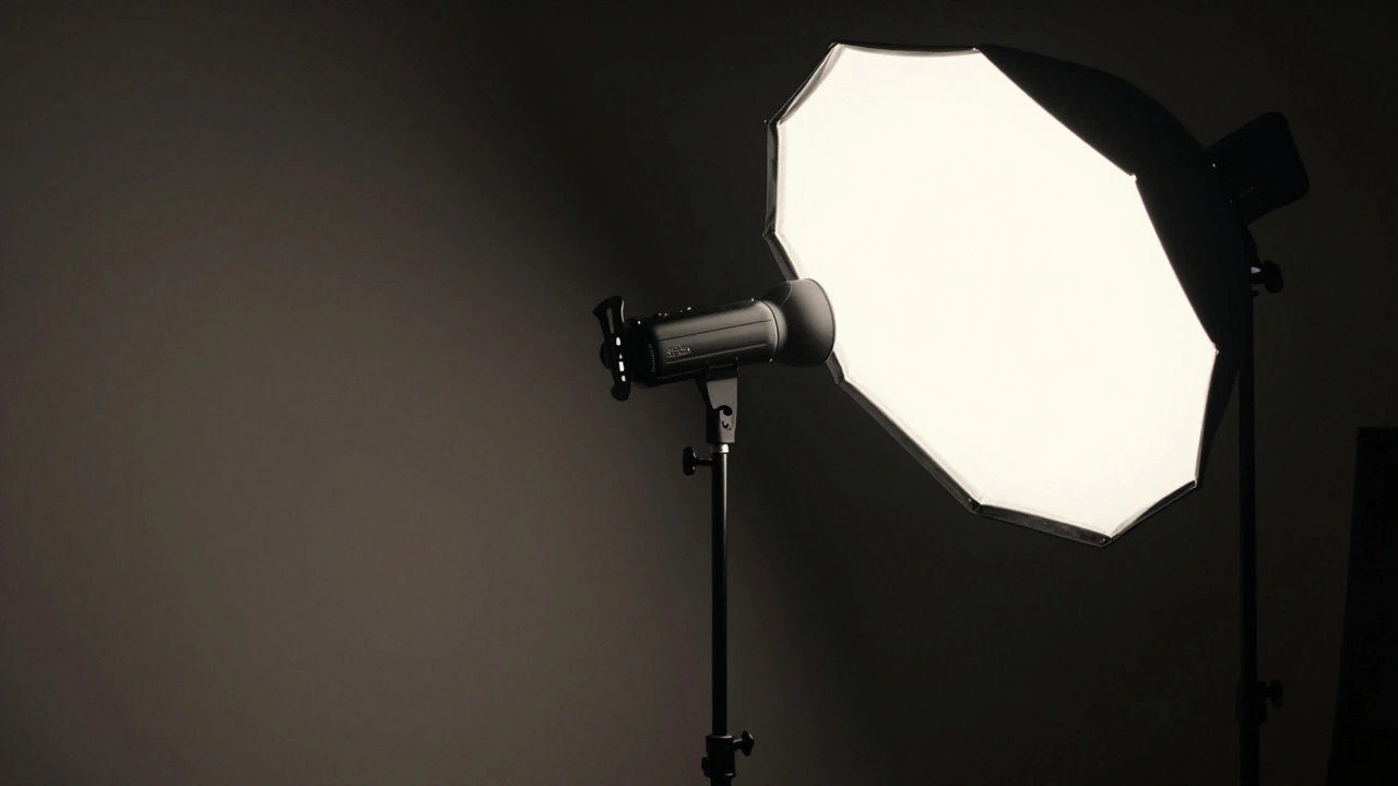 Professional studio setup with an off-camera flash and softbox for dramatic lighting.