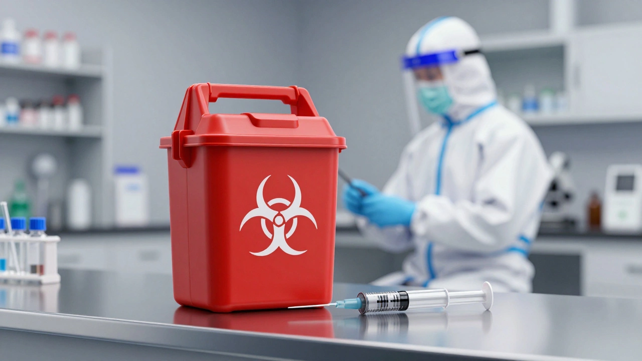 Red biohazard sharps container and safety needles on a lab bench