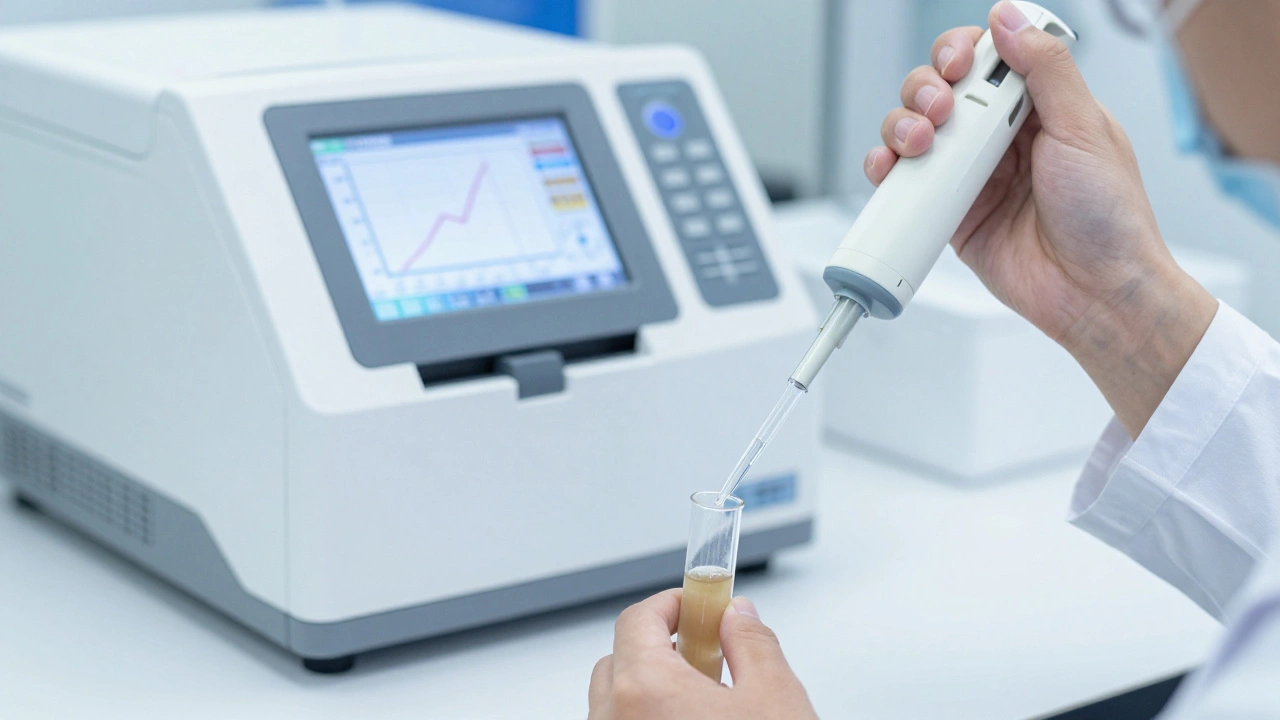 Scientist adding BSA facilitator to a PCR tube next to a qPCR machine