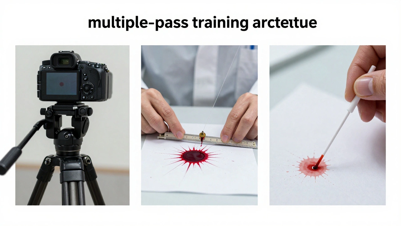 Sequence of forensic tools documenting, measuring, and collecting blood evidence in a simulated scene.