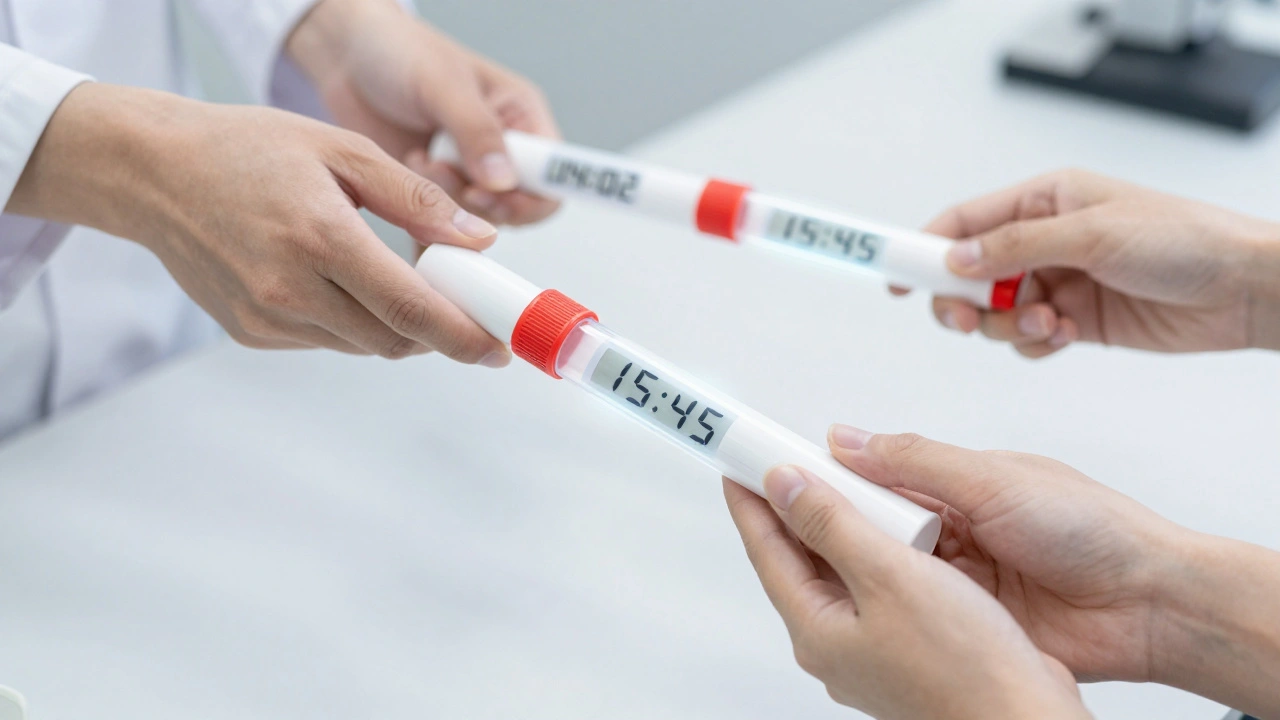 Sequential hand-off of evidence with glowing timestamps in a lab