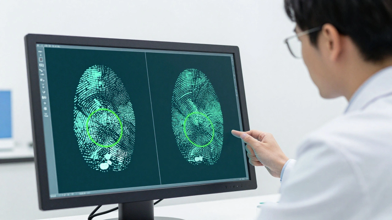 Side-by-side fingerprint comparison on a computer screen with highlighted minutiae points.