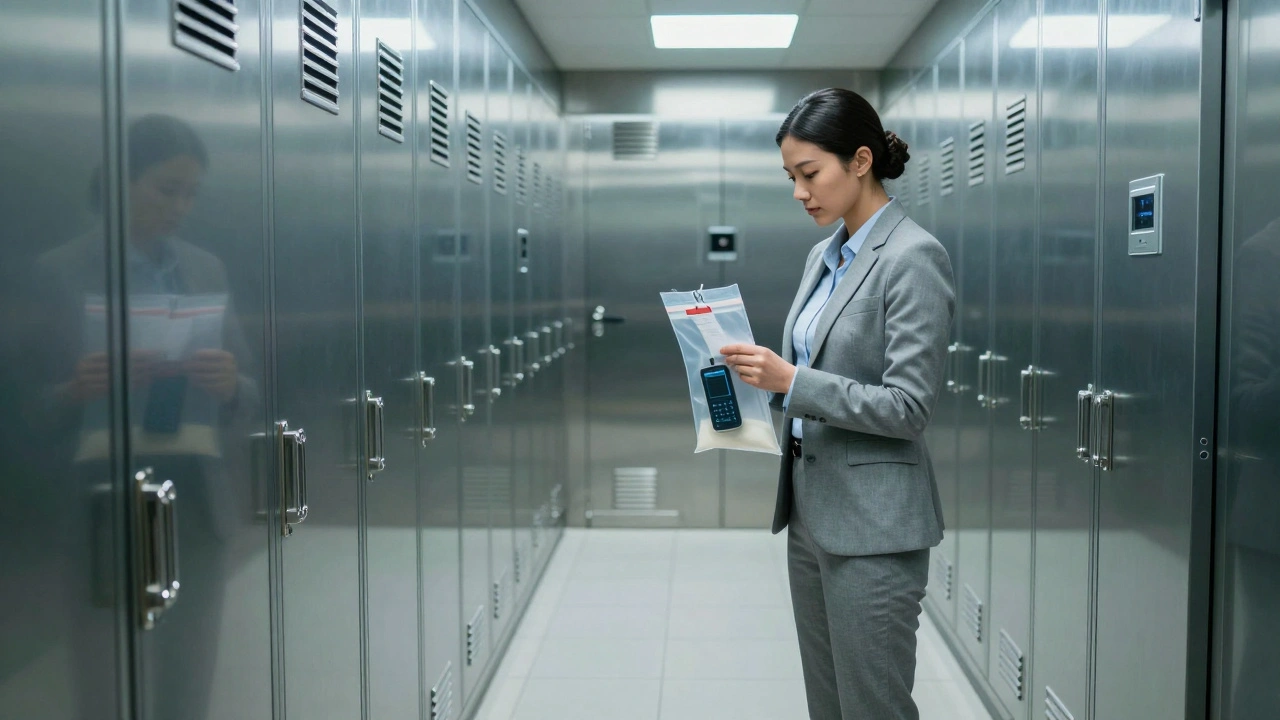 Specialist inspecting sealed evidence bag in storage vault
