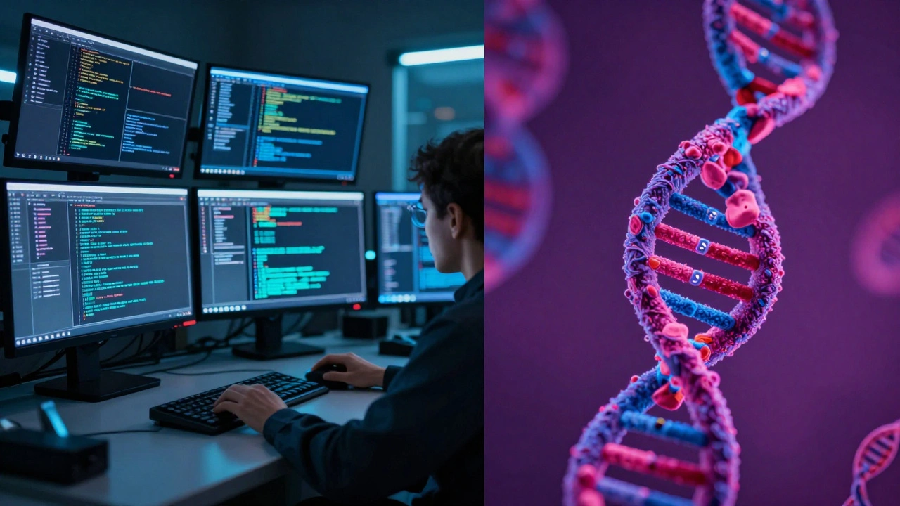 Split composition showing digital forensic data on screens and a microscopic DNA profile.