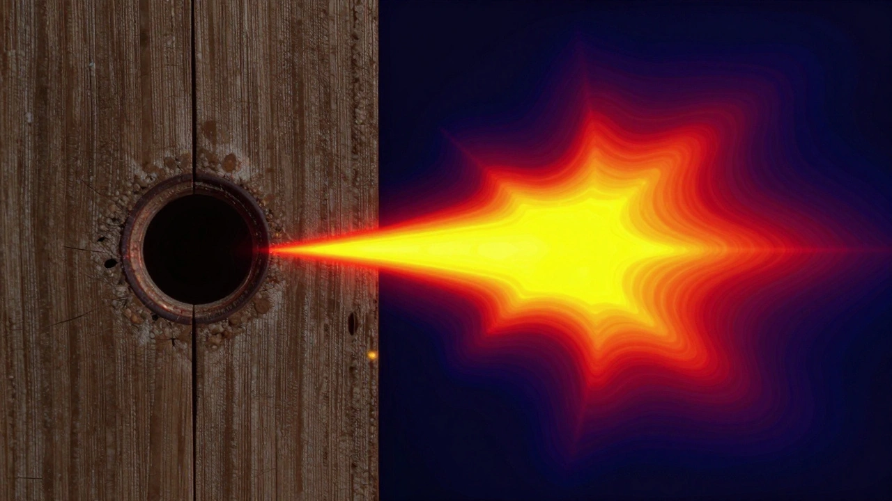 Split view of a bullet hole in wood and its corresponding colorful XRF chemical heat map.