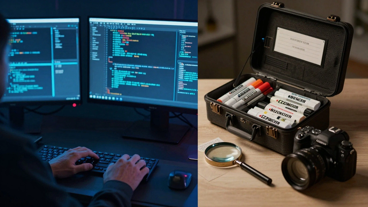 Split view of digital forensic data analysis and traditional crime scene investigation tools.