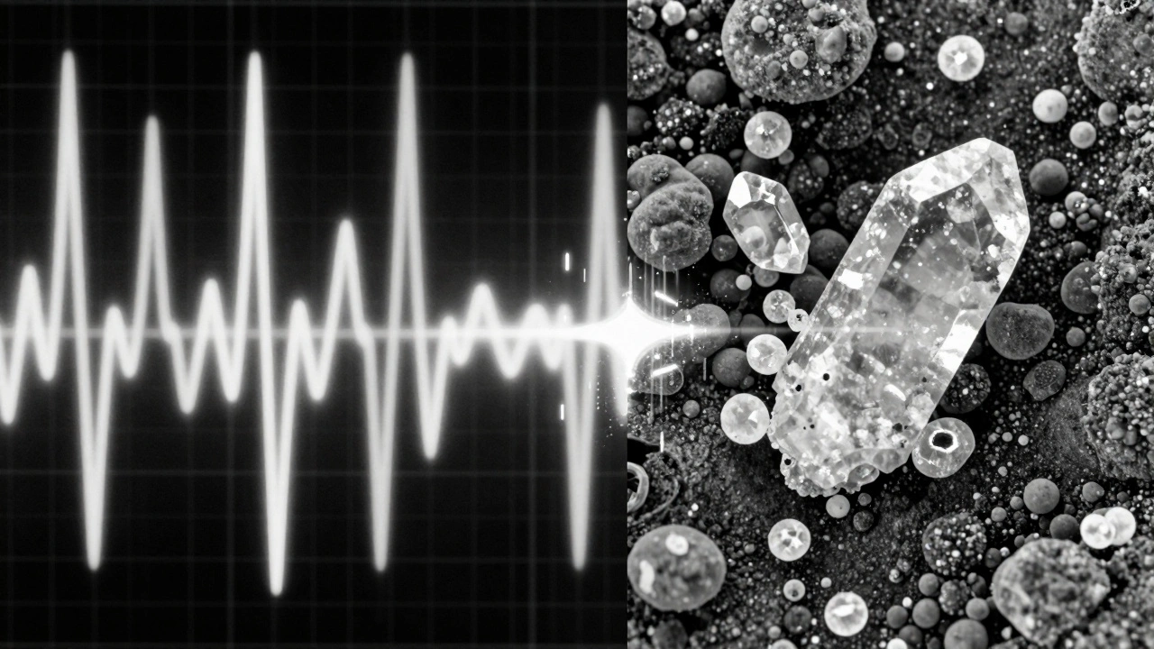 Split view of XRD diffraction peaks and high-resolution SEM soil grain imagery.