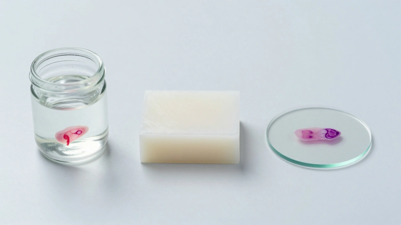 Stages of tissue processing: formalin fixation, paraffin embedding, and a stained glass slide.