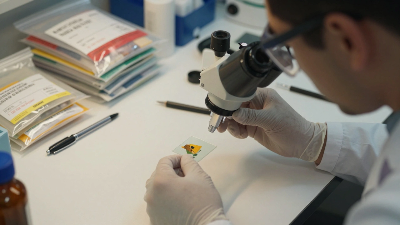 Technician examining trace evidence fragment under microscope