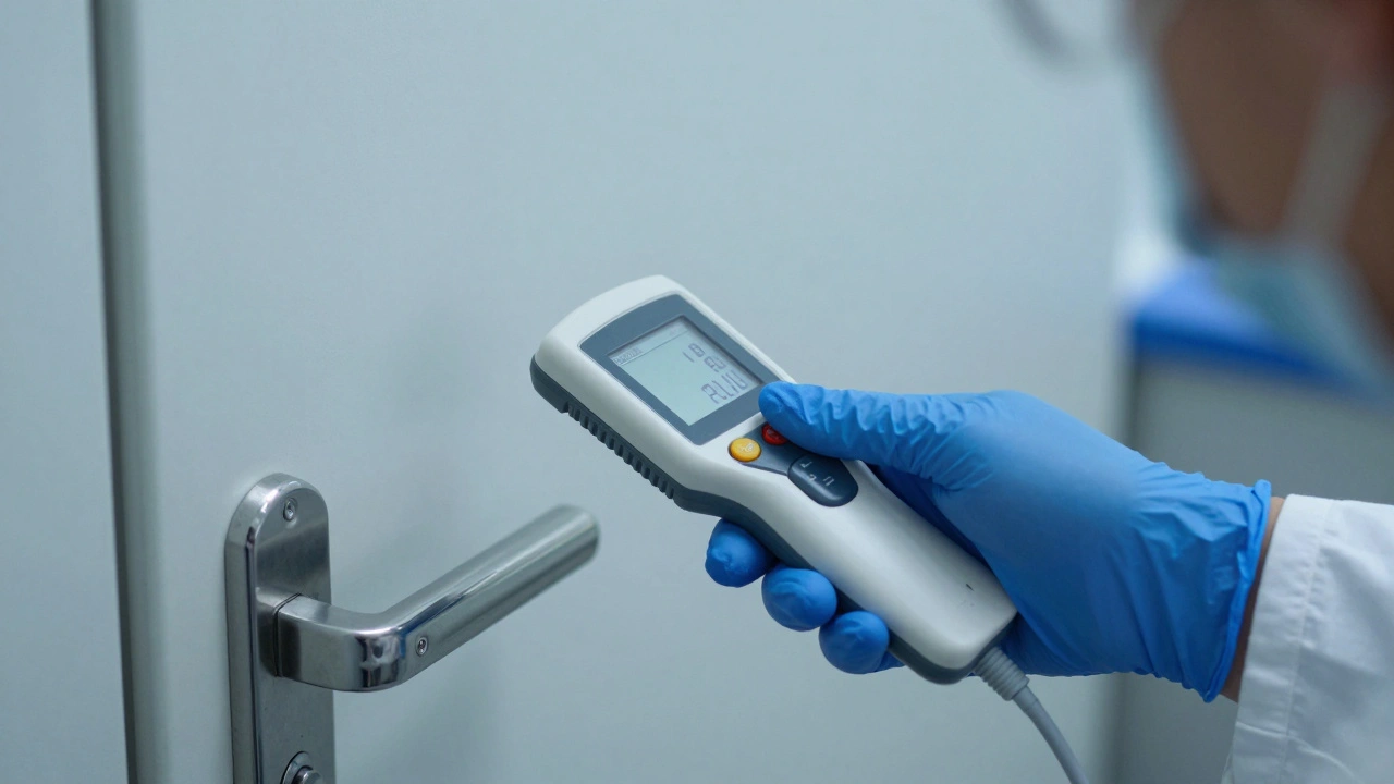 Technician using a luminometer to measure RLU levels on a door handle.