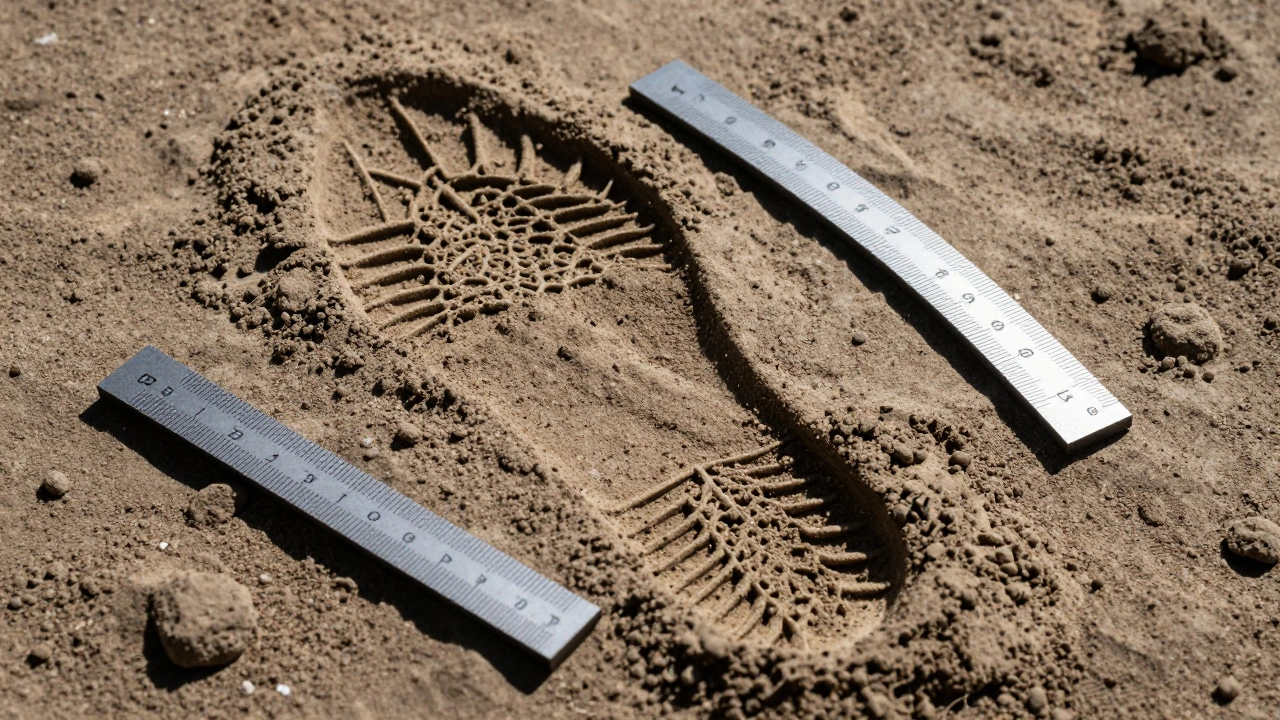 Top-down macro photo of a footprint in sand with a forensic scale and oblique lighting.