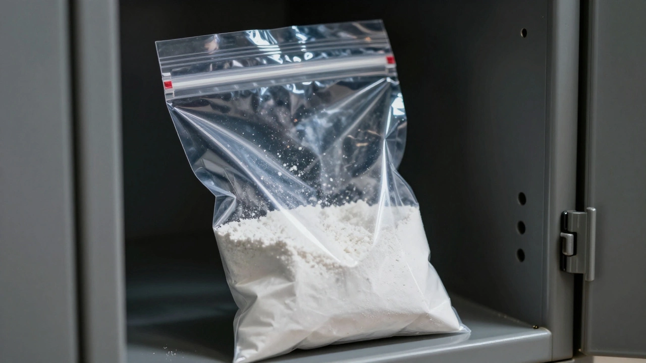 Transparent plastic evidence bag containing white powder with a secure tamper-evident seal