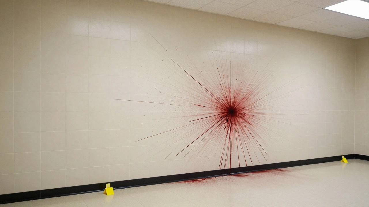 Wide shot of a forensic scene showing a large radial blood spray pattern on a tiled wall.