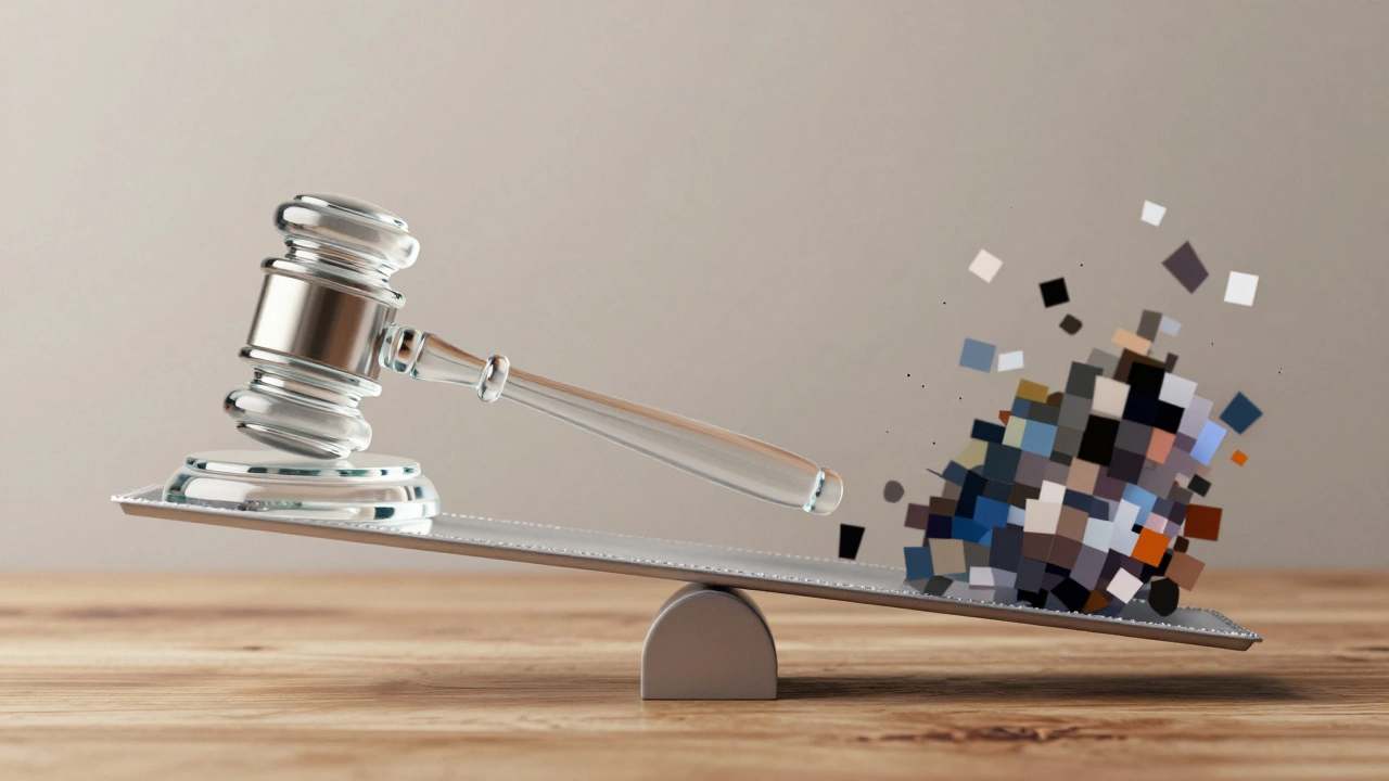 A gavel balancing on a wire between a clear photo and distorted pixels.