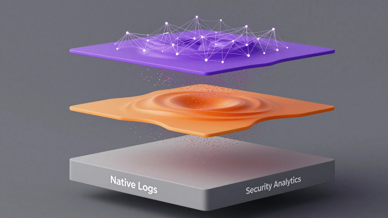 Abstract 3D layers representing native, centralized, and analytics logging infrastructure