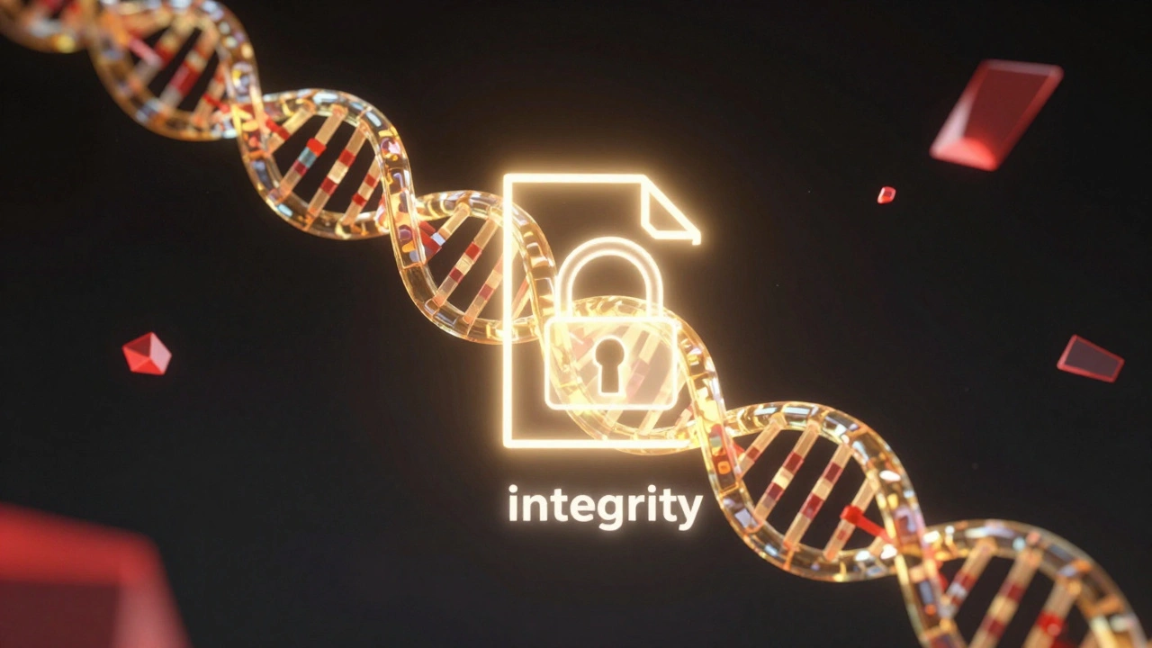Abstract 3D visualization of SHA-256 hashing protecting digital file integrity