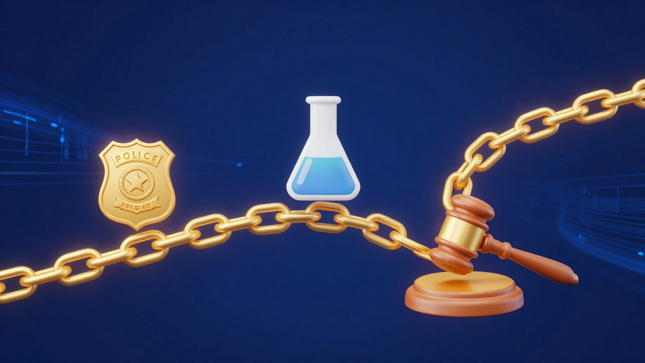 Abstract golden chain linking police, lab, and court symbols representing custody.