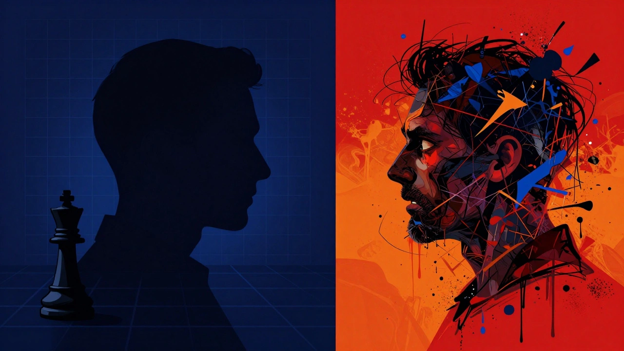 Abstract split illustration contrasting orderly vs chaotic criminal profiles