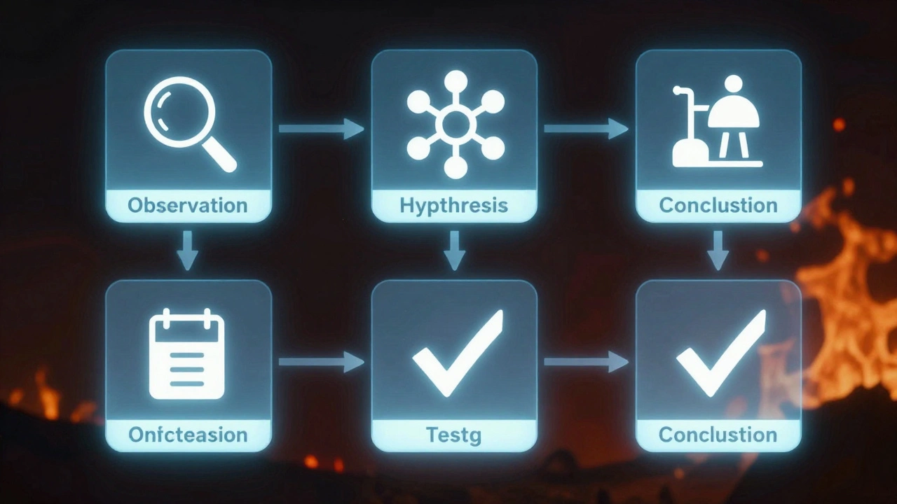 Abstract visualization of the scientific method steps for fire investigation.