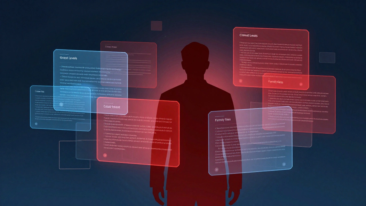 Abstract visualization of witness protection risk assessment with data layers.
