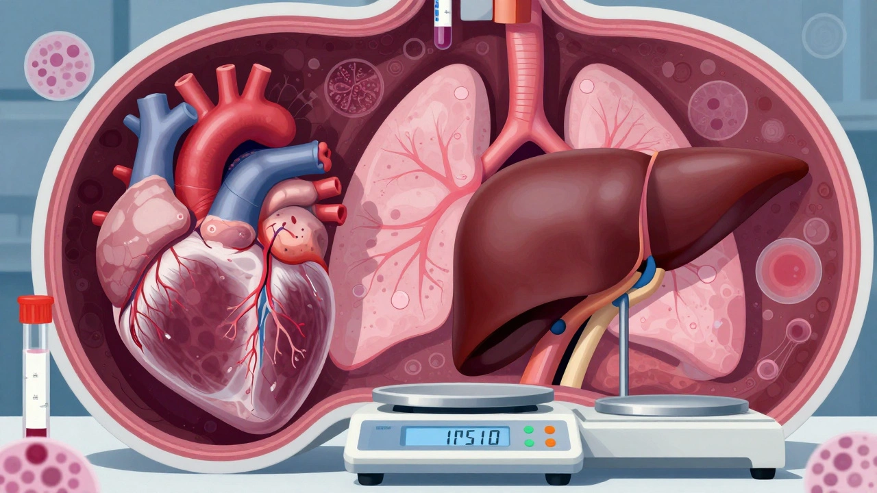 Artistic view of organs being analyzed with microscopic and toxicology details
