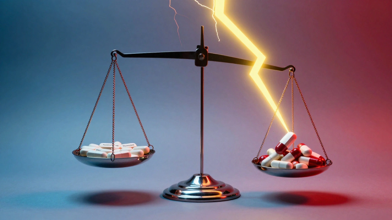 Balance scale showing increased seizure risk with higher medication doses.