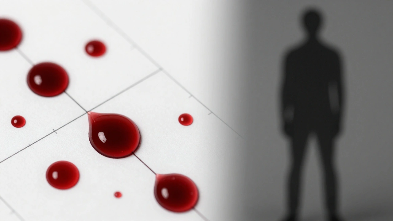 Blood drop trajectories visualized with geometric lines next to a victim's silhouette.