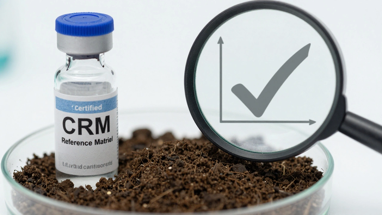 Certified reference material vial compared to a soil sample for validation